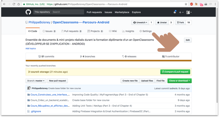 Accès aux paramètres d'un dépôt Github