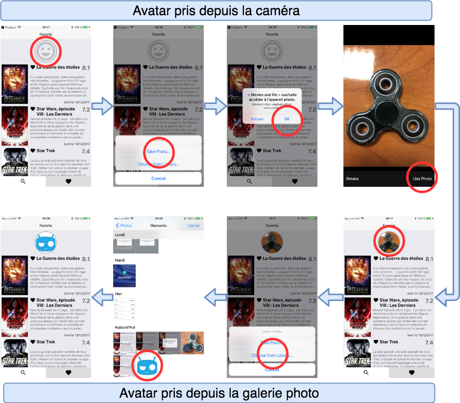 Fonctionnalités de la librairie react-native-image-picker (en rouge mes actions utilisateurs)