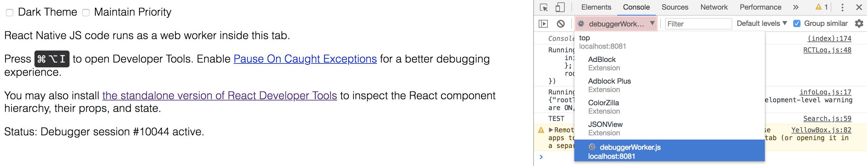 Sélection du debugger de Chrome Developer Tools