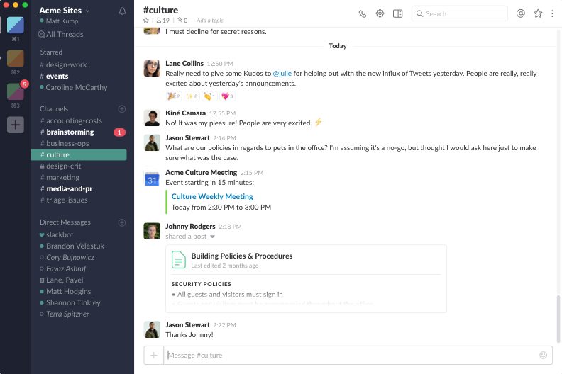 View of what Slack screen conversations look like to users.