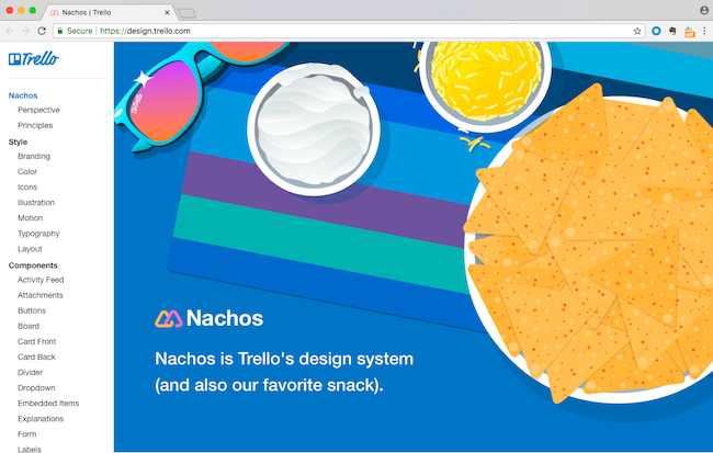 A picture of nachos, and all the categories related to design and component standards on the left navigation.