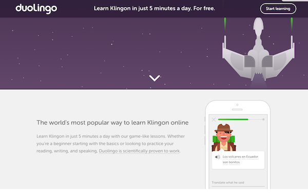 Screenshot of Duolingo Klingon offering.