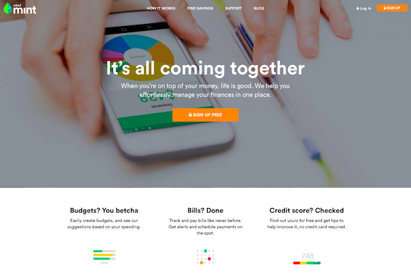 Screenshot of Mint.com homepage. Copy reads