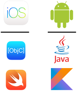 De haut en bas, sur iOS : Objective-C puis Swift. Sur Android : Java puis Kotlin
