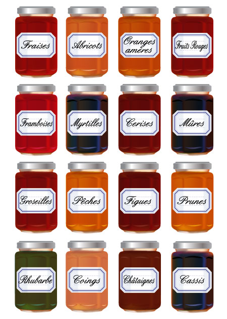 Jars of jam with different flavors.