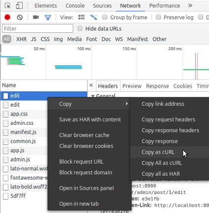 Capture d'écran explicative de l'export de l'appel cURL pour ré-utilisation dans Blackfire