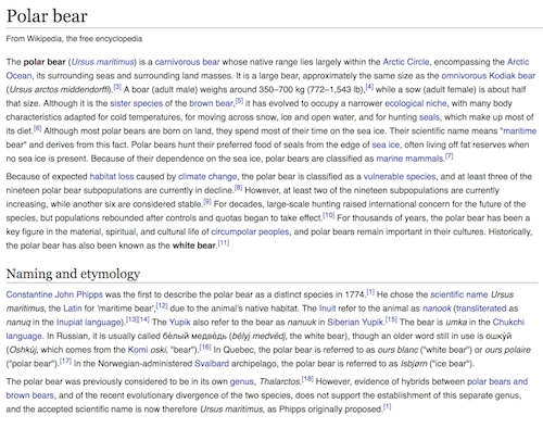 A screenshot of the Wikipedia article on the polar bear