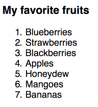 A screenshot of an ordered list of fruits