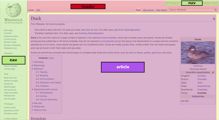 A screenshot of Wikipedia mocked up to show its different sections