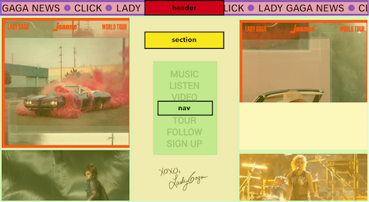 A screenshot of Lady Gaga's website mocked up to show its different sections