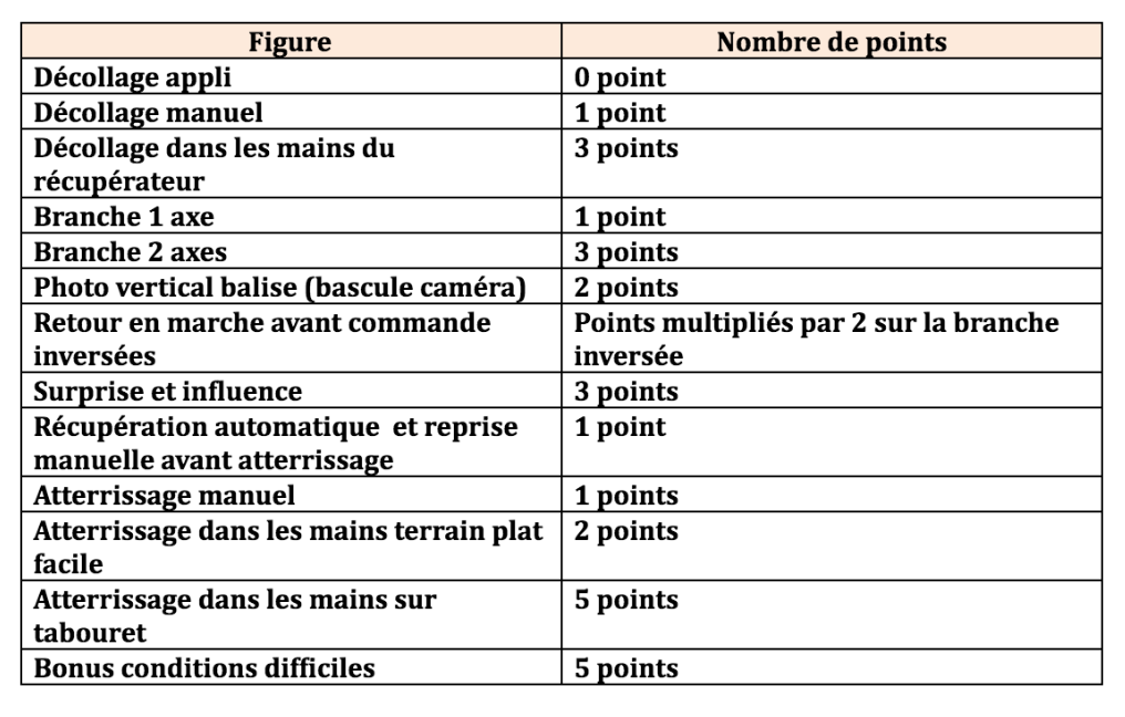Liste des critères d'évaluation avec les points attribués pour chacun des points.