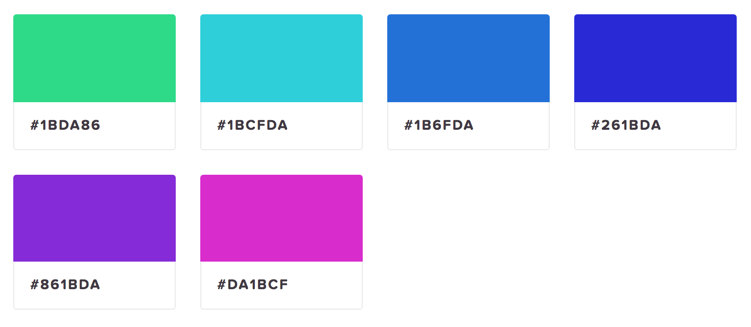 A green color swatch, a light blue color swatch, a medium blue color swatch, a darker blue color swatch, a purple color swatch, and a pink color swatch