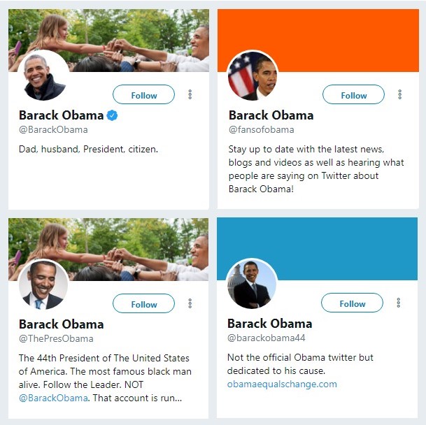 Différents profils Twitter de Barack Obama