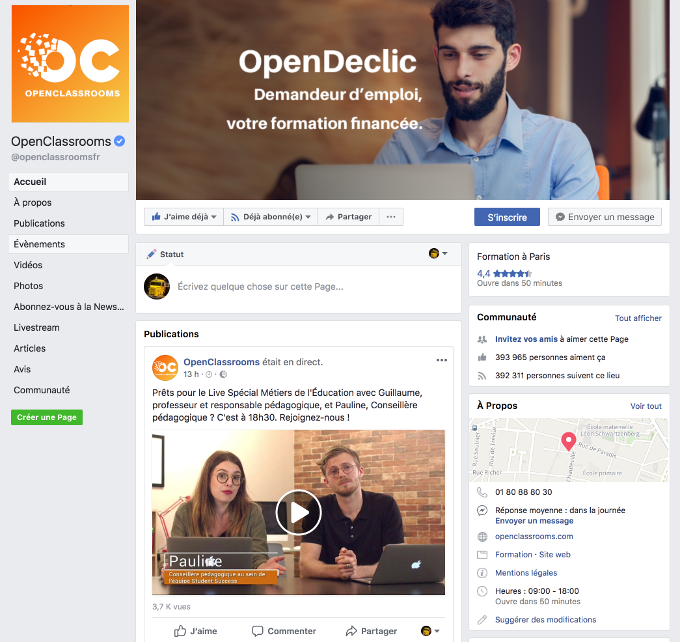 La page Facebook d'OpenClassrooms