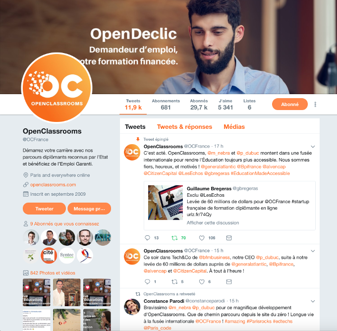 Page Twitter d'OpenClassrooms