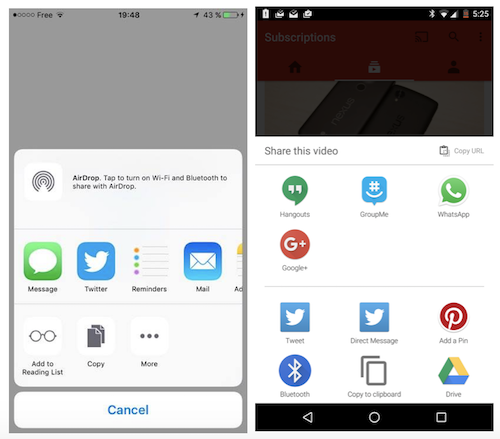Popup de partage native sur iOS (à gauche) et Android (à droite)