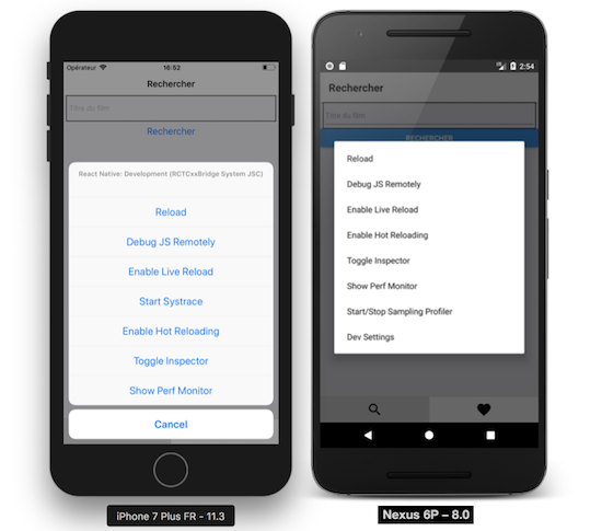 Menu Debugger React Native sur iOS et Android