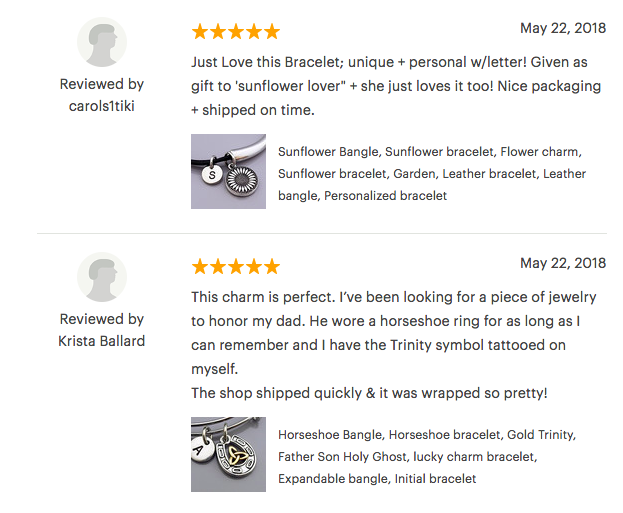 Screenshot of 2 reviews for a bracelet on Etsy that got 5 stars.