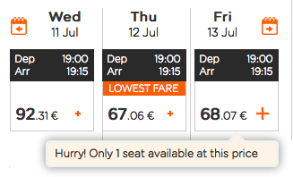 Screenshot from airline website showing three prices, but only one seat left on the best option.