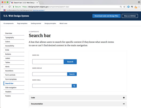 Screenshot from U.S. Web Design System featuring approach to search boxes with 3 different options.