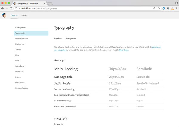 Type variations and sizes are defined in Mailchimp pattern library.