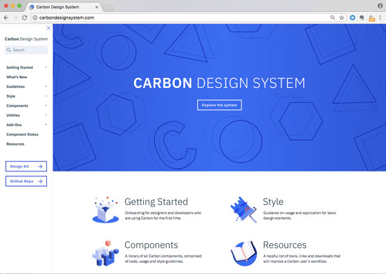 Screenshot of design system with information on getting started, what's new, guidelines, style, components, utilities, add ones, component states, resources, and more.