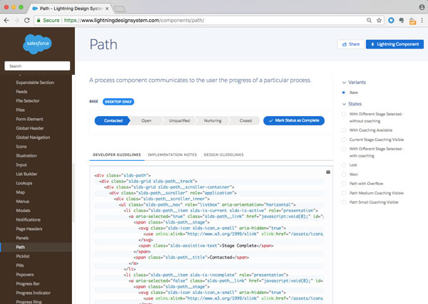 Screenshot of Salesforce's design system, showing what the path look likes, along with associated code.