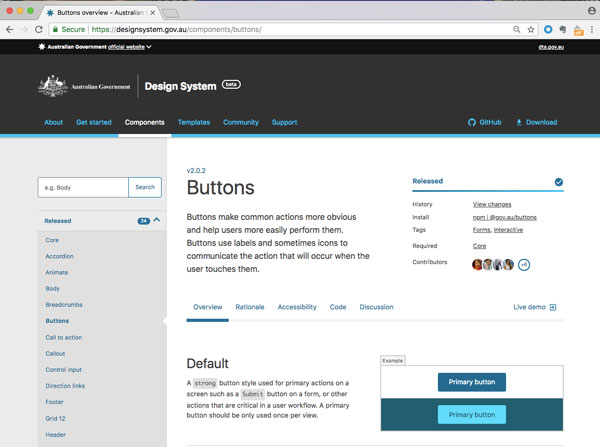 Screenshot of Australian Government design system button usage, and defined style for primary button and alternative version.