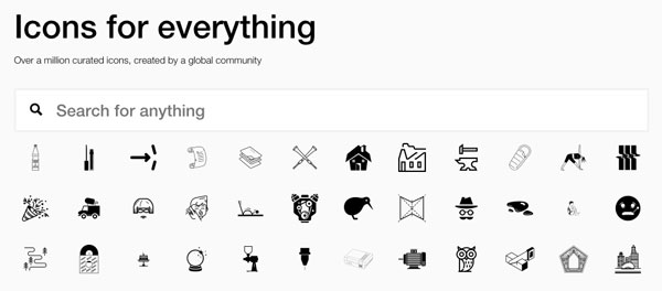 Icons for everything with sample black icons from the Noun Project.
