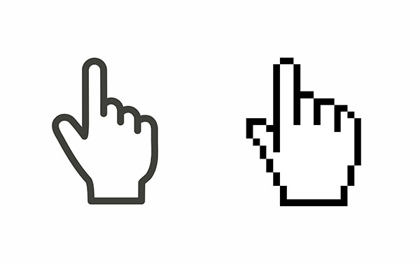 Smooth hand on left, hand made from boxes (pixels) on right.