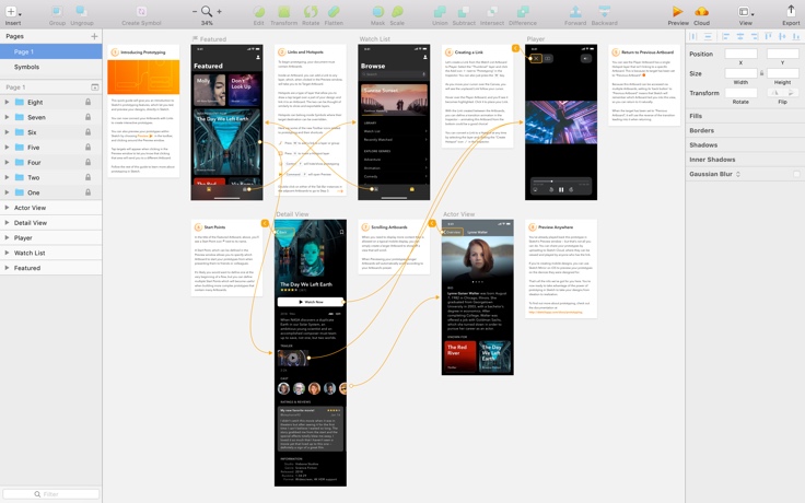 Connecting lines are visible between screens to create prototype.