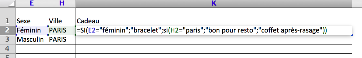 En cellule K2 : =SI(E2=