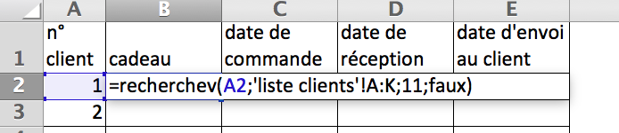 En cellule B2 : =recherchev(A2;'liste clients'!A:K;11;faux)