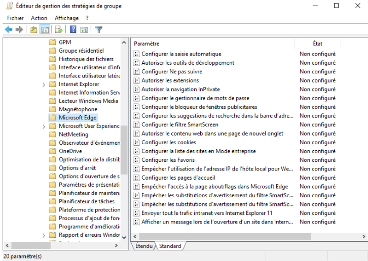 Fenêtre Editeur de gestion des stratégies de groupe. A gauche dans la liste Microsoft Edge est sélectionné. A droite la liste de paramètres est affichée.