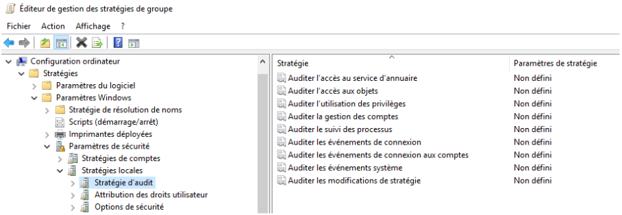 Dans la liste à gauche, Stratégies d'audit est sélectionné à partir de Configuration ordinateur. A droite la liste des stratégies d'audit est affichée.