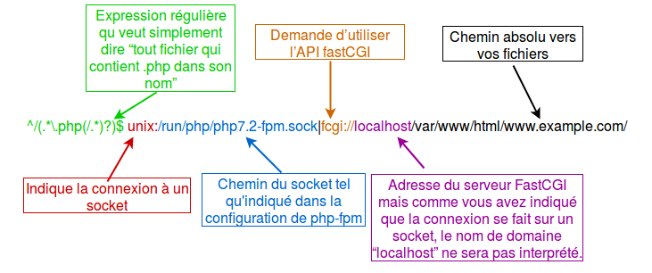 Les paramètres passés à la directive ProxyPassMatch apparaissent en différentes couleurs et des encadrés expliquent ces différentes parties.