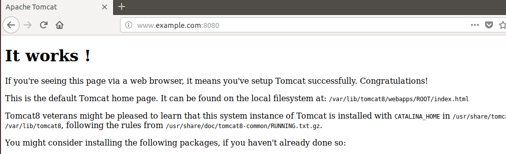 Capture d'écran du navigateur du client montrant la page d'accueil par défaut de Tomcat lors de la connexion à l'adresse http://www.example.com:8080