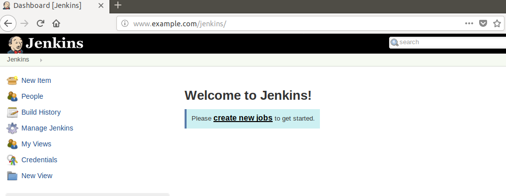 Capture d'écran d'un navigateur client se connectant à l'adresse http://www.example.com/jenkins et affichant la page d'accueil de Jenkins
