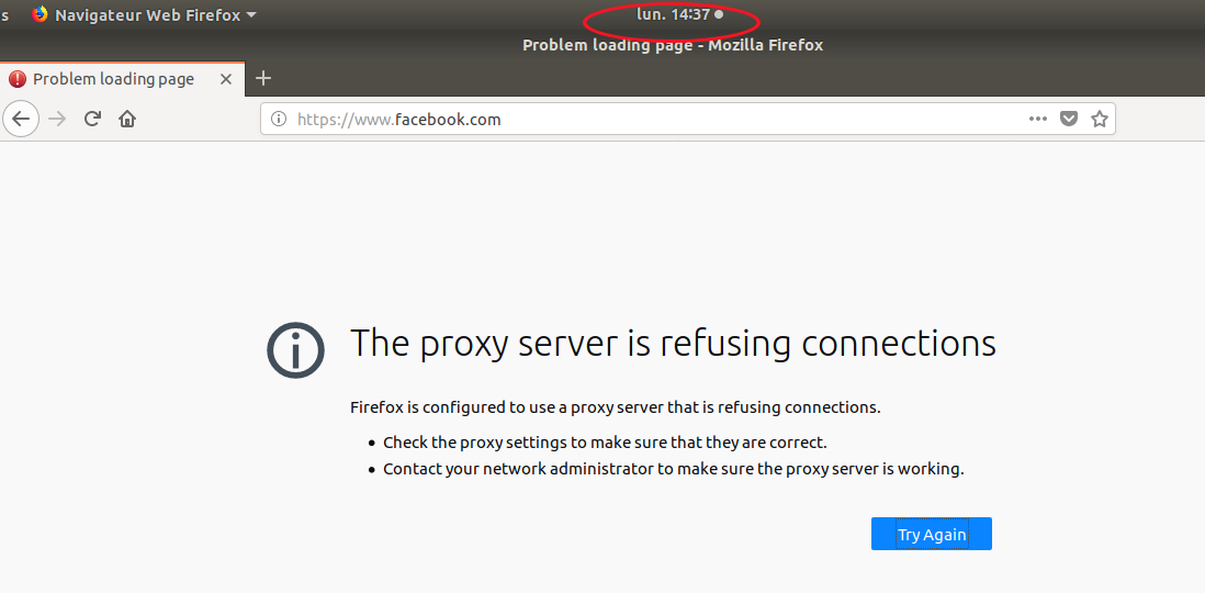 Capture d'écran montrant une connexion à Facebook refusée à 14h37.