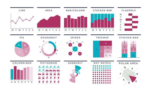 Different types of graphs and data visualizations.
