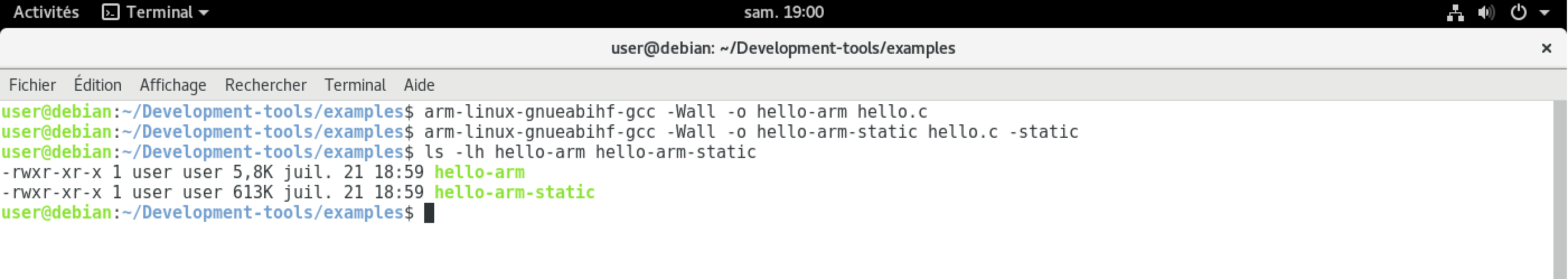 Comparaison de la taille de hello-arm et hello-arm-static