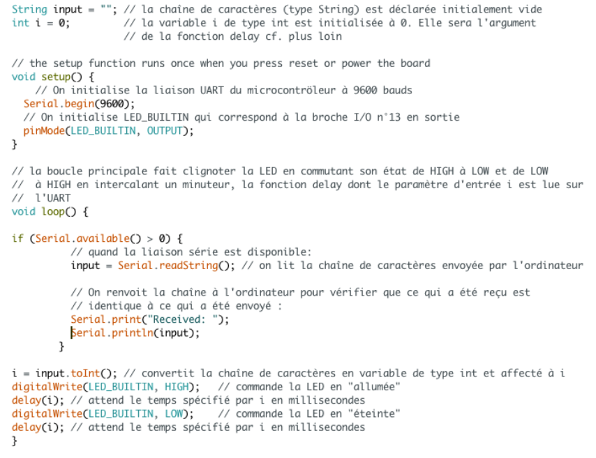 Code du programme de clignotement de la Led BuiltIn dont la fréquence est pilotée par la liaison série