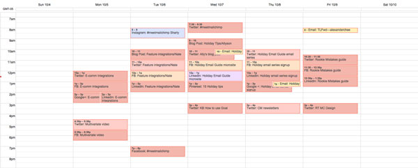 GoogleCal screenshot of MailChimp editorial calendar.