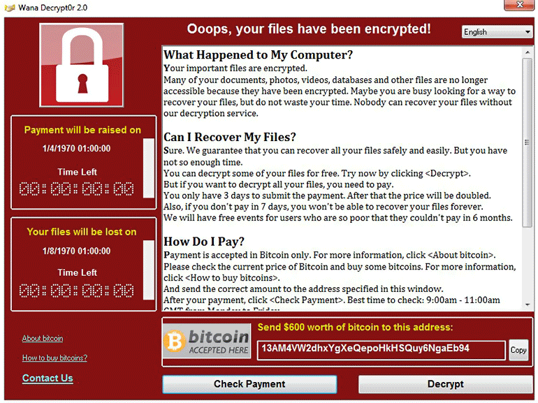 Aperçu de WannaCry : l'utilisateur doit payer une rançon pour accéder à l'ordinateur