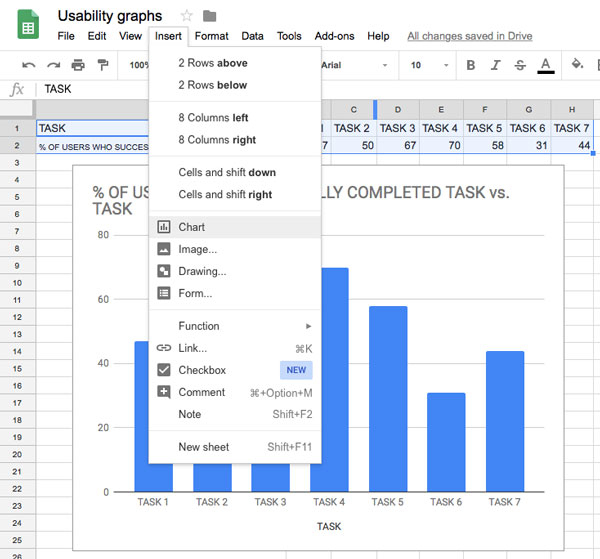 Screenshot using Google Sheets to make a graph, showing drop down menu.