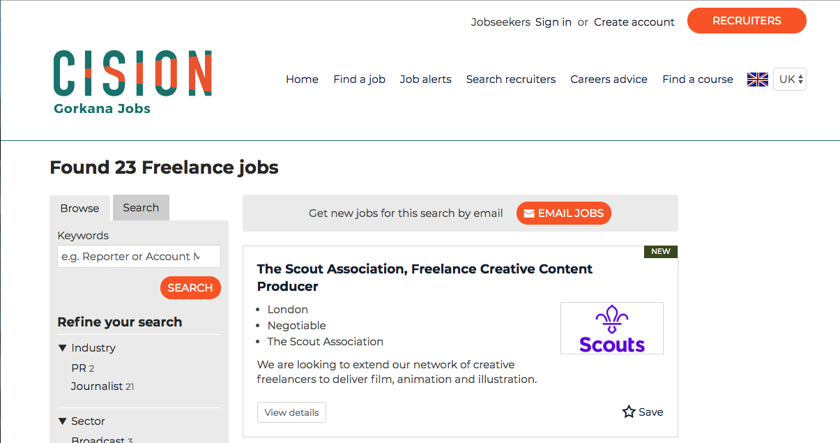 Screen shot of specialist job search site, Gorkana