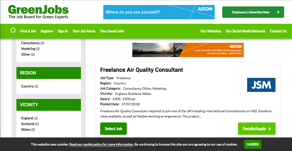 Screenshot of Green Jobs specialist employment site