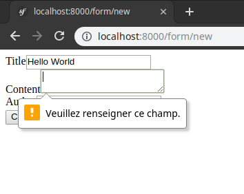 Capture d'écran montrant une validation HTML5 qui ne permet pas d'afficher les messages d'erreur configurées