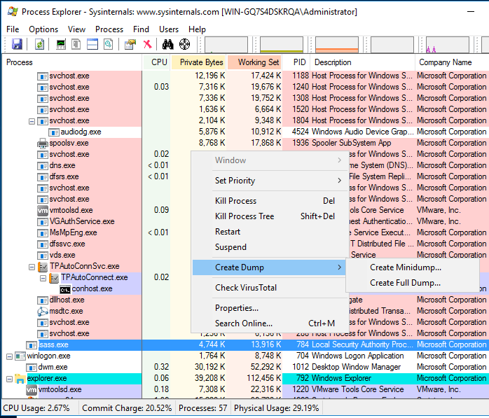 Capture d'écran du Process Explorer de Windows, avec la liste des processus accompagnés de diverses informations et offrant la possibilité de
