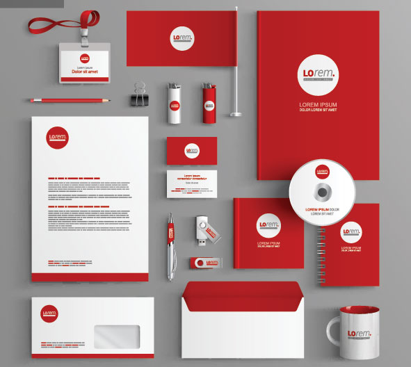Business cards, letter head, pens, etc. that all have a red branding with logo.